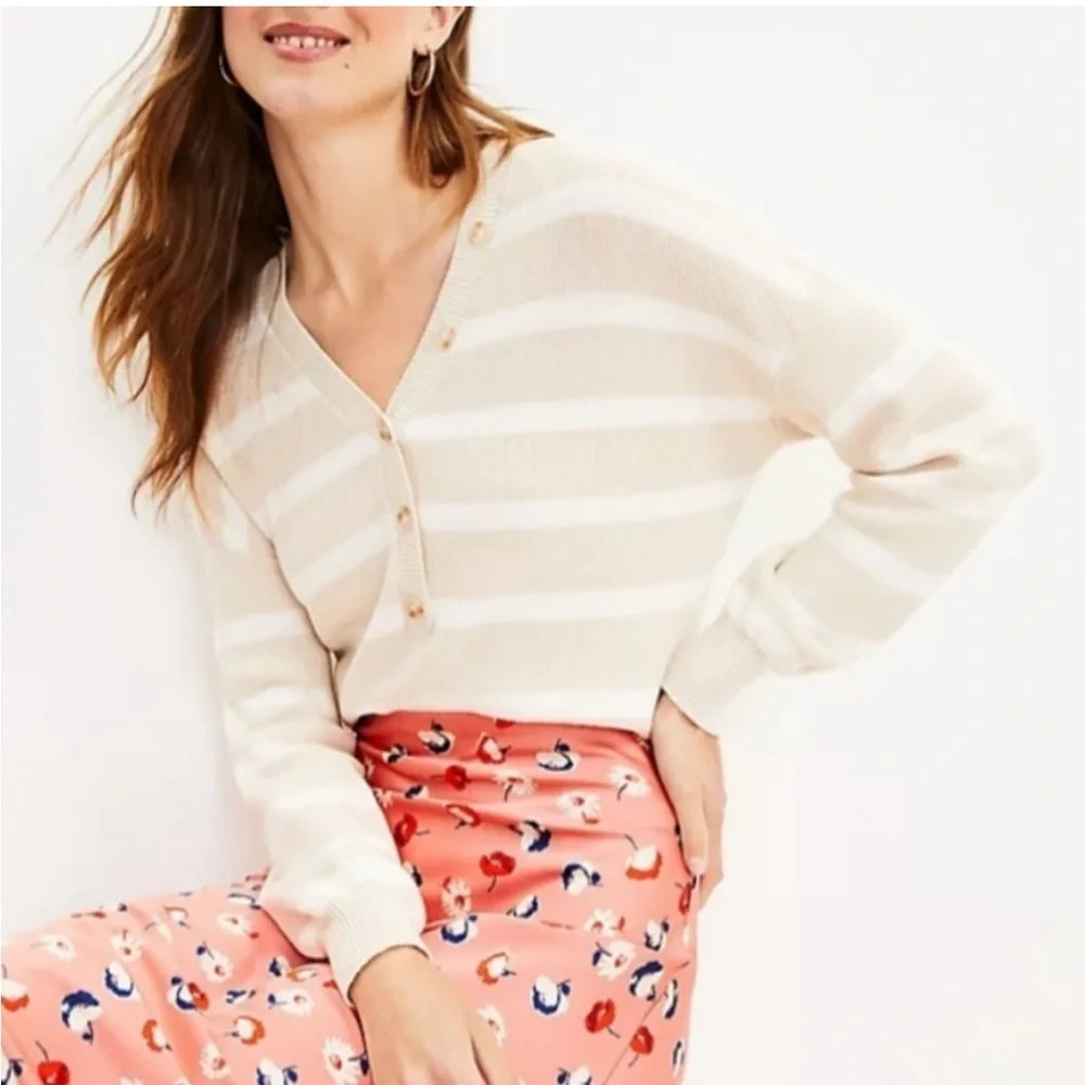 NWOT Loft Beige White Stripe Button Sweater
